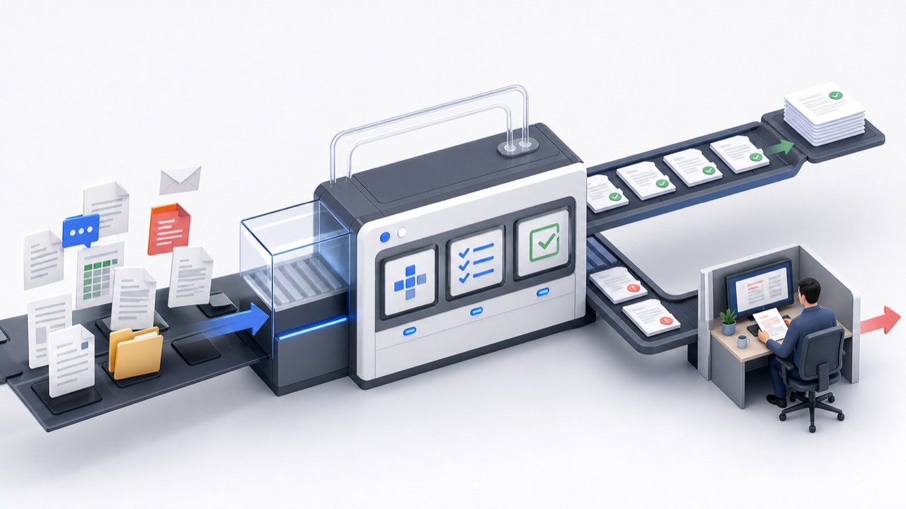 Business documents moving through automated classification and validation with exceptions routed for review