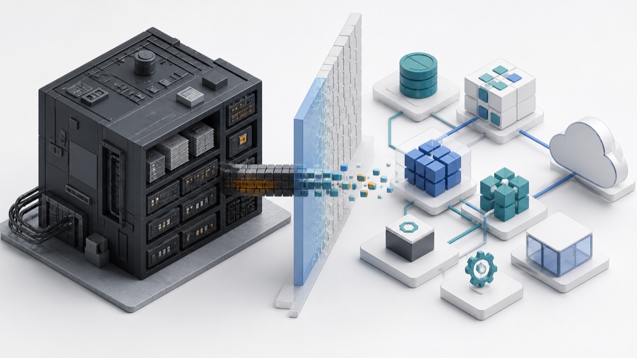 A legacy software system transitioning through a controlled boundary into modular cloud components