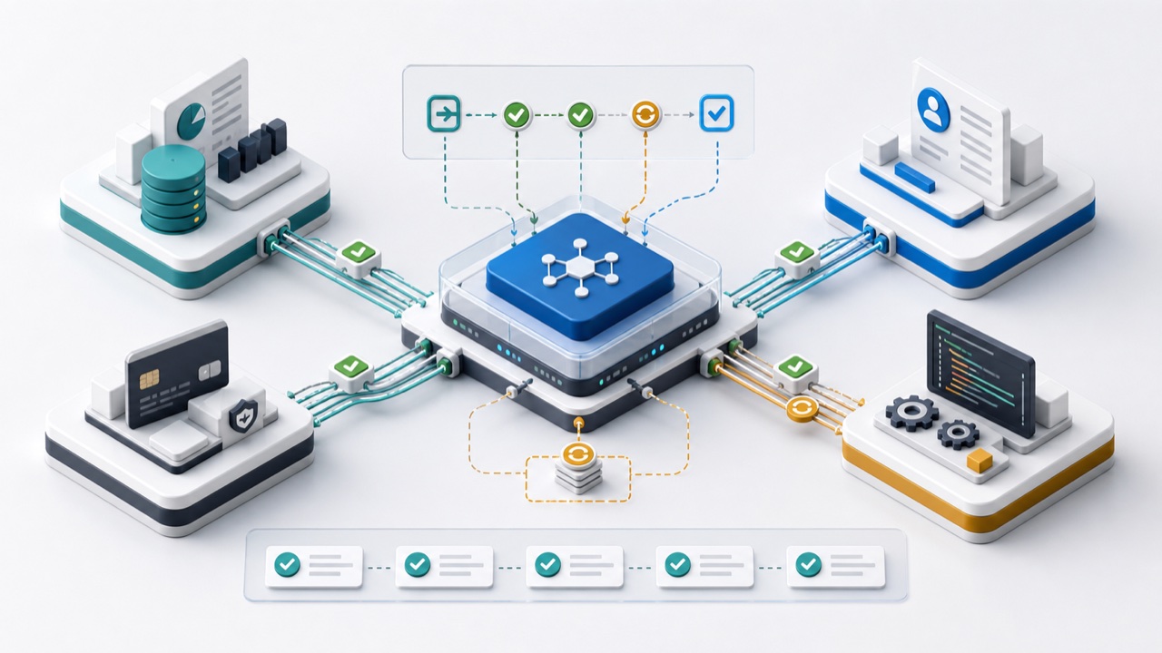 Business systems connected through a central integration layer with validation and recovery paths